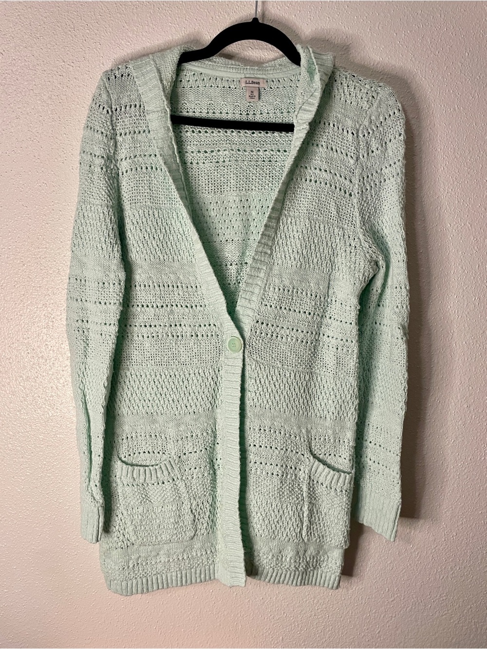 L.L Bean Hooded Mint Linen Blend Long Line Knit Cardigan Single Button Medium